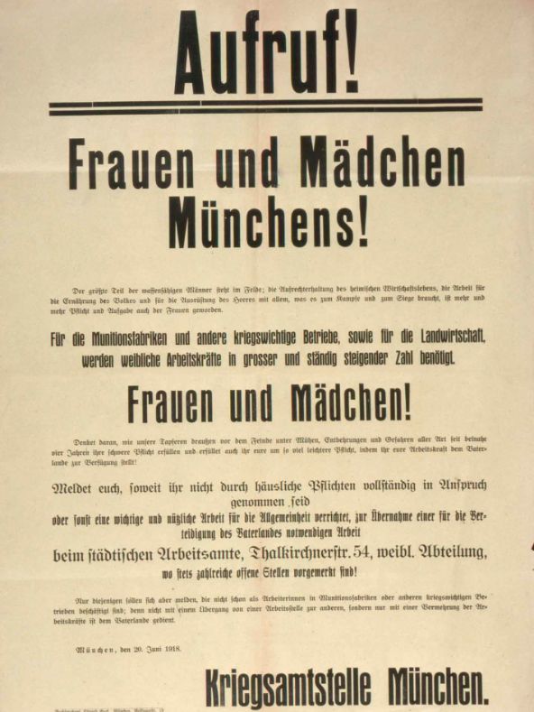 Aufruf des Münchner Arbeitsamtes an Frauen und Mädchen, 1918.