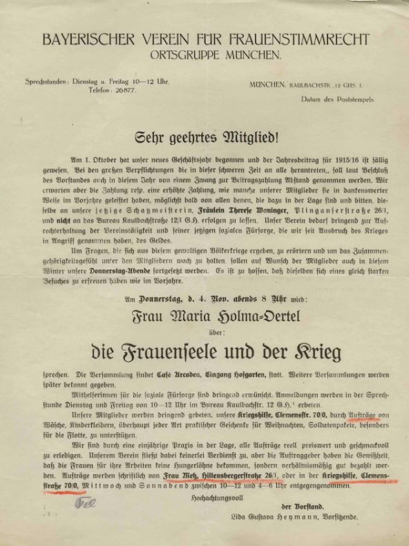 Flugblatt des Bayerischen Vereins für Frauenstimmrecht, 1915.