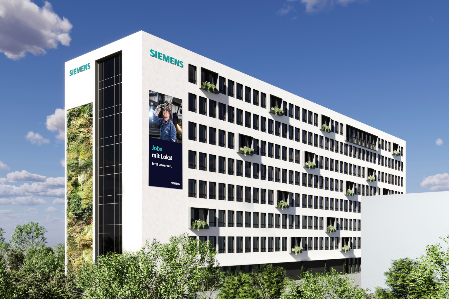 Bürogebäude mit Werbung für Siemens Lokomotivenproduktion