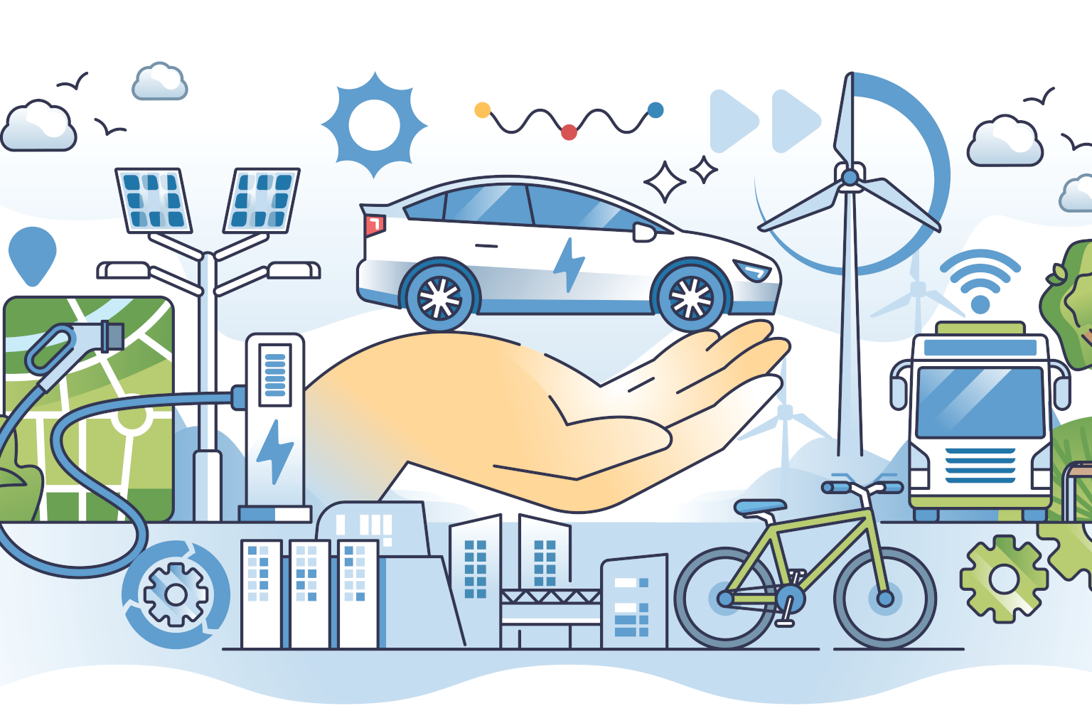 Grafik mit Auto, Bus, Windkraft, E-Ladesäule, Fahrrad und mehr