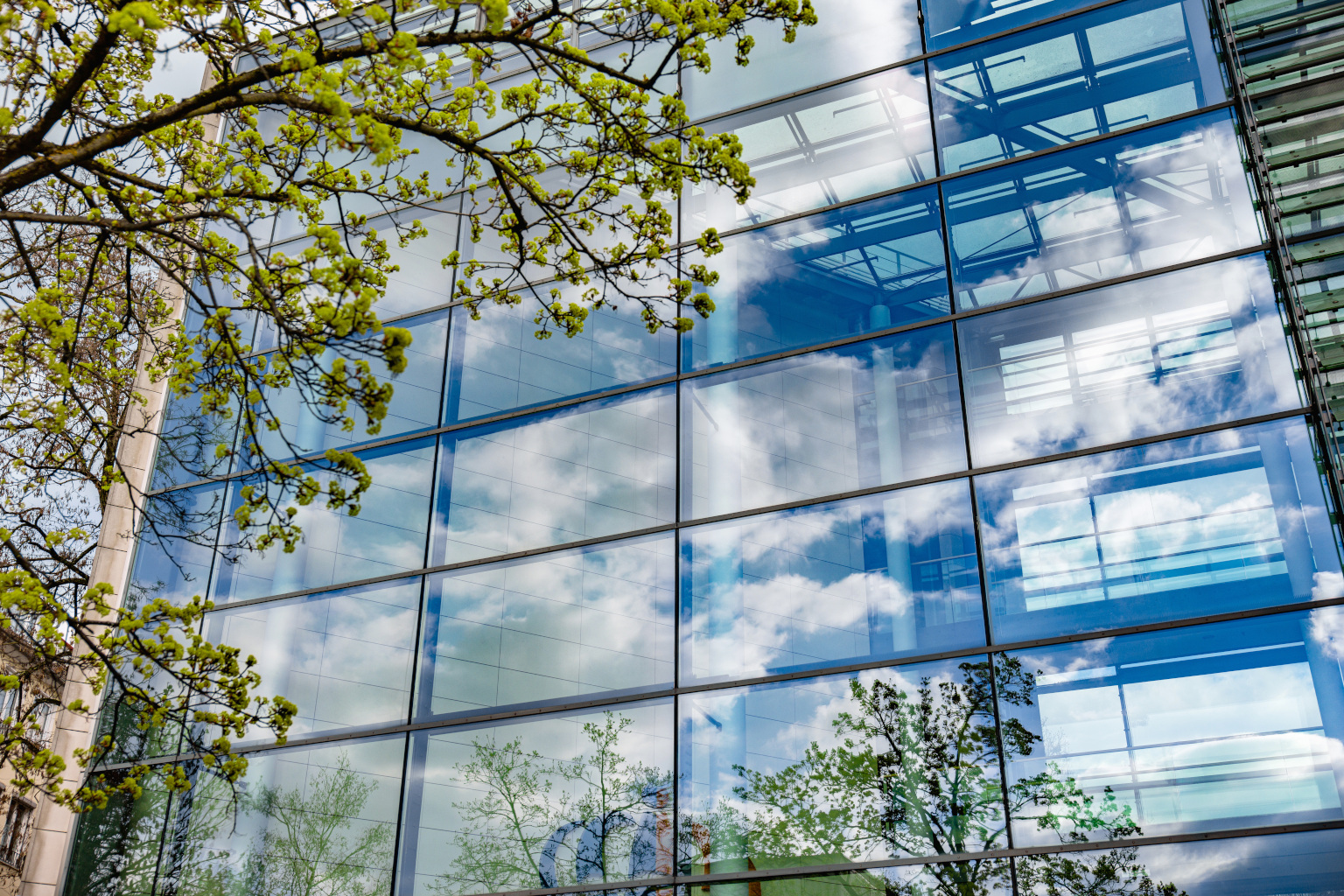 Fassade mit Glasfenstern und Blick auf Produktionsanlagen, Spiegelung Himmel, Wolken und austreibende Bäume