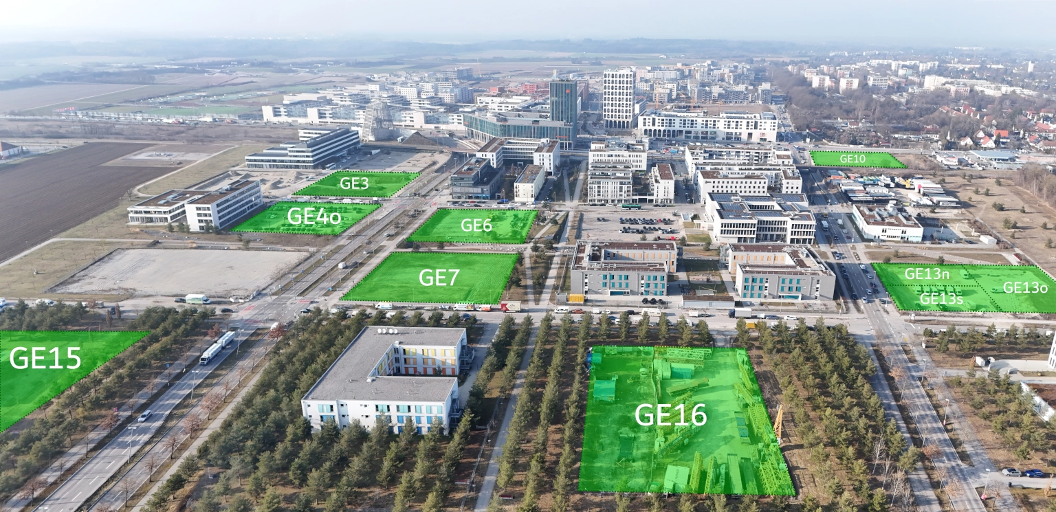 Luftbild Technologiepark Freiham - markiert sind verfügbare Gewerbefllächen, Stand Juli 2026