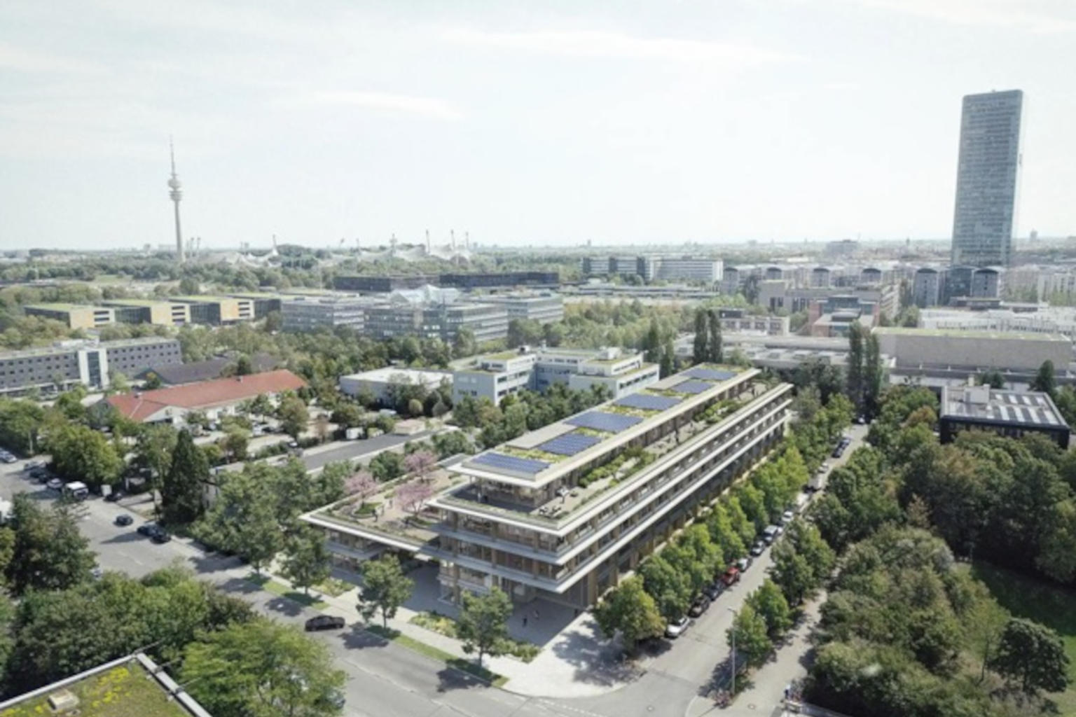 Bürogebäude Timber Works aus der Vogelperspektive © UBM Development Deutschland GmbH Bürogebäude Timber Works aus der Vogelperspektive