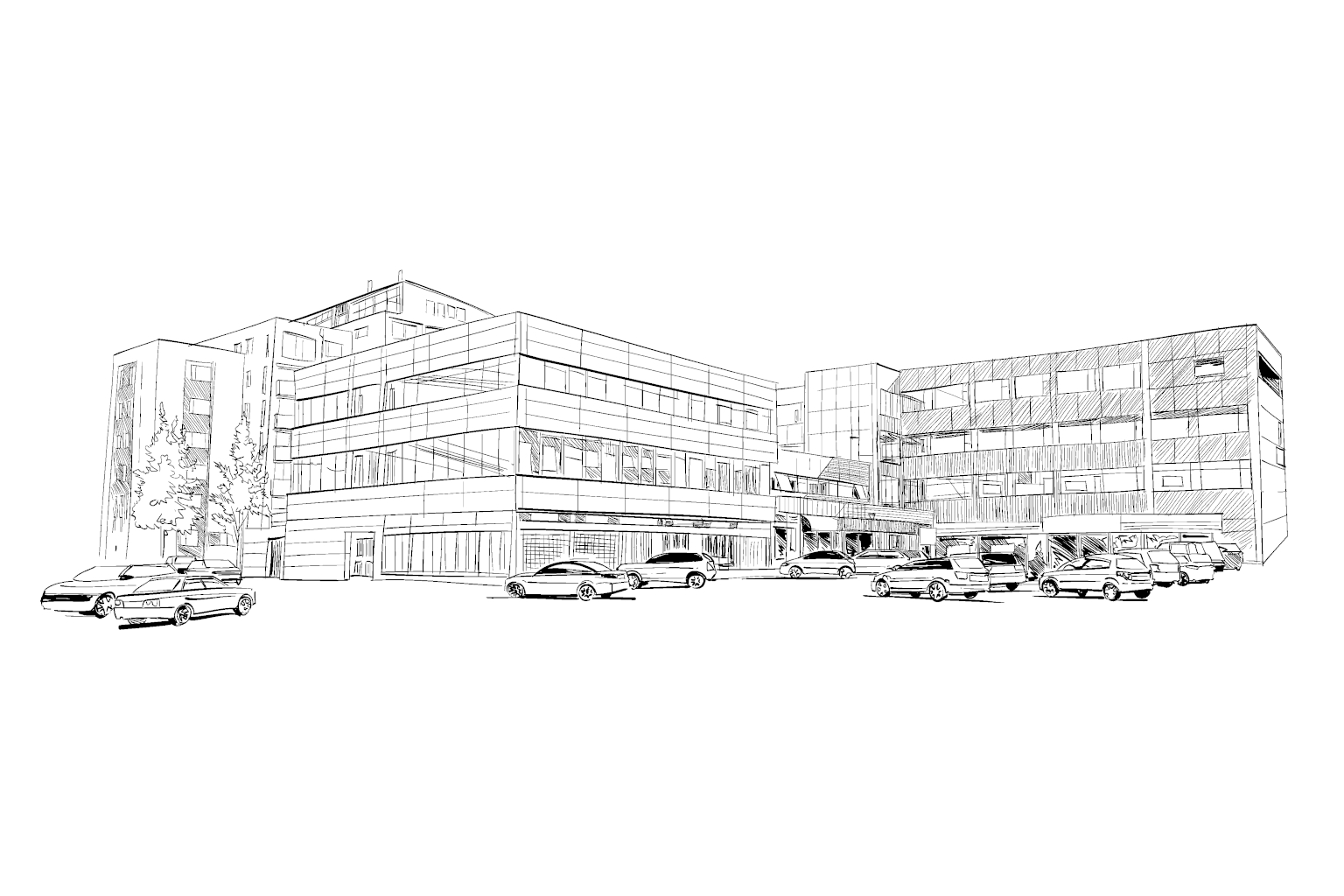 Zeichnung eines Gewerbeblocks mit Geschäften, Büros, Parkplatz