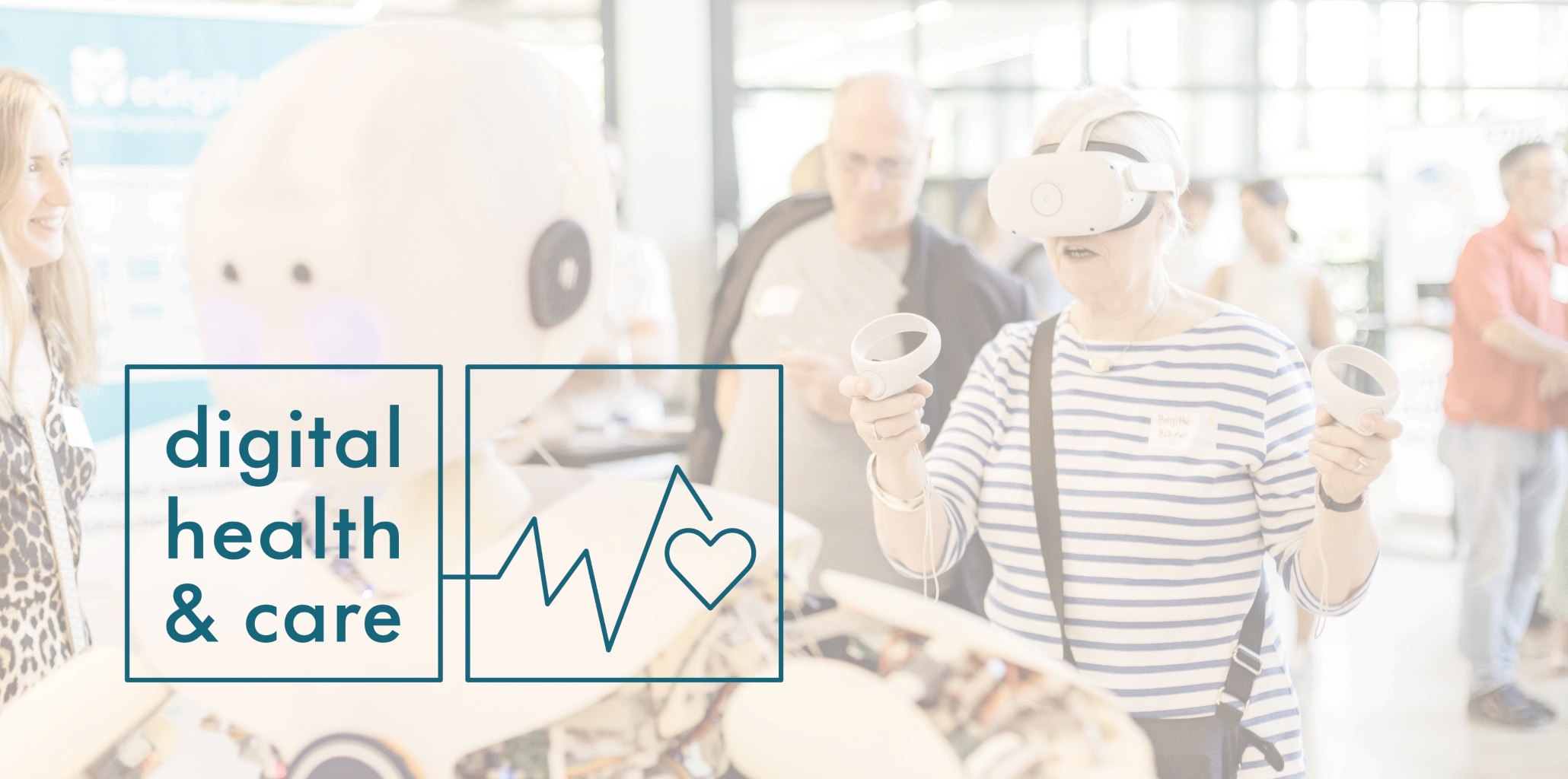 Banner für digital health and care-Konferenz zeigt Beispiel für Interaktion Mensch und Roboter